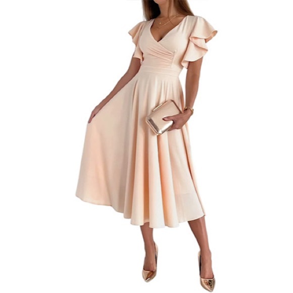 NWT Wrap V Neck Ruffle Short Sleeve A Line Swing Flared Cocktail Party Midi - Picture 4 of 6